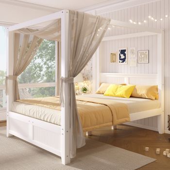 Cama Con Dosel Blanca De 140 X 200 Cm, Marco Superior Y Listones Verticales