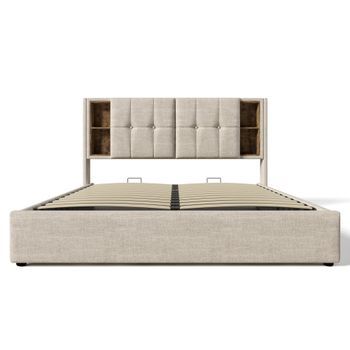 Cama Canapé Tapizada 140x200cm Con Carga Inalámbrica Y Cabezal De Almacenamiento Tela De Lino Beige