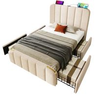 cama individual 90x200 cm - tapizada - puerto usb tipo c - 4 cajones - lino - beige