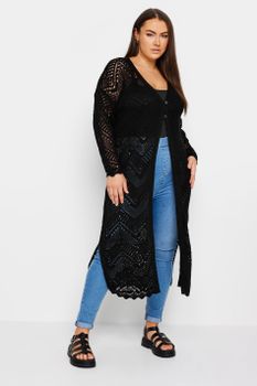 Yours Cárdigan Largo Negro Crochet En Zigzag, Mujer Curvy Y Tallas Grandes, Yours