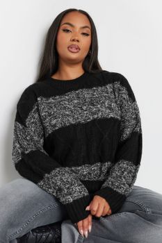 Yours Jersey De Punto Trenzado De Rayas Negras Y Grises, Mujer Curvy Y Tallas Grandes, Yours