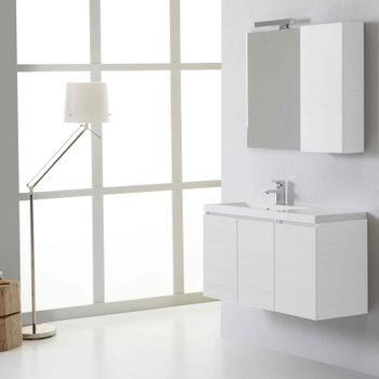 Mueble De Baño Suspendido 90cm 3 Puertas Blanco Foresta, Lavabo A La Izquierda, Espejo Con Armario A La Derecha | Manhattan