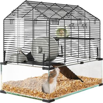 Jaula grande de 3 niveles para hámster, jaula de metal y vidrio para gerbil con rueda de ejercicio, botella de agua, tazón de comida, rampas y escondite de cerámica 58 x 54 x 38 cm