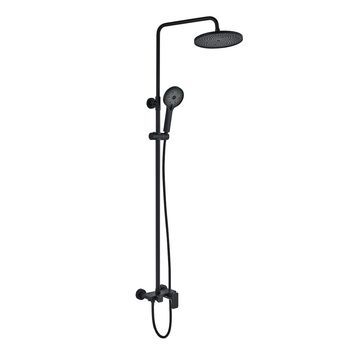 Kibath Columna De Ducha 3 Vías Monomando Dak | Altura Regulable 96-136 Cm | Latón Macizo Negro Mate | Diseño Redondo Con Rociador Efecto Lluvia Y Alcachofa | Ideal Techos Altos
