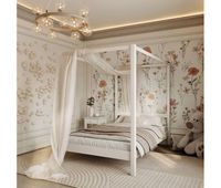 cama individual de madera con dosel n01 blanco