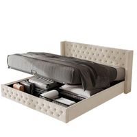 lit de 140x190 cm double capitonne flanelle beige fonction hydraulique rangement lattes horizontales fond impermeable installation facile 455kg 300kg charge maximale
