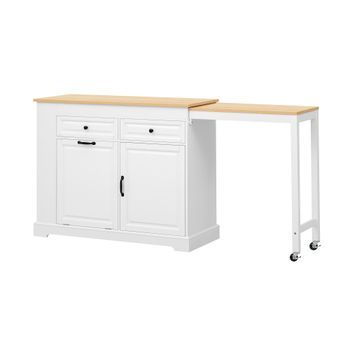 Isla De Cocina Móvil Extensible Mdf，116×45×92 Cm, Ruedas Con Freno, Cajones, Armarios Y Compartimento Para Cubo De Basura, Blanco Con Encimera Madera Natural