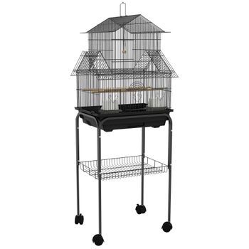 PawHut Jaula de pájaros diseño casa comederos perchas 3 puertas bandeja excrementos desmontable + asa transporte Negro   Aosom España