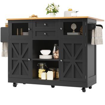 Isla De Cocina Móvil Con Encimera Abatible, 140 X 40 X 93,5 Cm, Negra