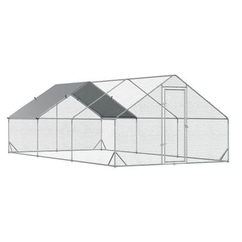 PawHut Gallinero Exterior Grande para 12-18 Gallinas Acero con Techo PE y Cerradura para Conejos Aves de Corral 3x6x2 m Plata   Aosom España