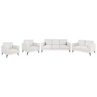 conjunto de sala de estar 7 plazas minimalista estilo moderno mediados siglo de tela patas metalicas reposabrazos rectos blanco crema lousto