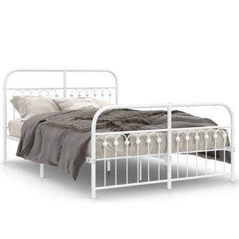 Cama Doble | Cama Para Adultos | Estructura Cama Metal Con Cabecero Y Estribo Blanco 140x200 Cm