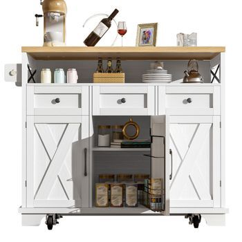 Isla De Cocina Blanca Con Ruedas, Mueble Auxiliar De Cocina Extensible Con 3 Cajones Y Tablero Abatible, Mdf Y Metal, 118x43x98 Cm