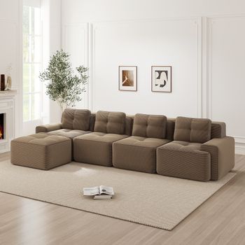 Canapé De Esquina Modular De 4 Plazas Con Chaise Longue En Terciopelo Estilo Nube Marrón, Asiento Profundo, Sin Montaje, Antideslizante