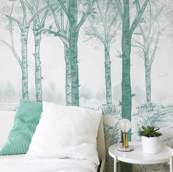 Papel pintado panoramico de bosque de abedules, verde 375 x