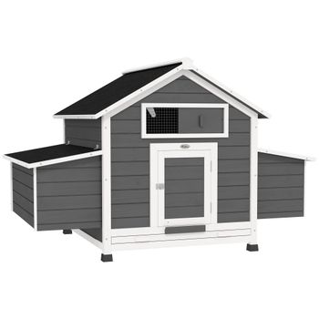 PawHut Gallinero para Exterior Gallinero de Madera con 2 Nidos Bandeja Extraíble Techo Abatible 150x100x96,5 cm Gris y Blanco