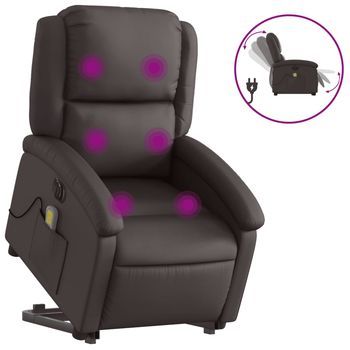 Sillón Masaje Eléctrico Elevable Cuero Auténtico Marrón Oscuro