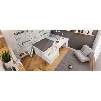 Cama Simple Infantil De Madera Maciza Blanca Con Escritorio, Cajones Y Almacenamiento, Somier De Lamas, 90 X 200 Cm
