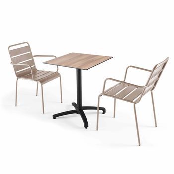 Mesa De Jardín De Conjunto Laminado En Roble Oscuro Y 2 Sillones Topo, Opéra - Oviala