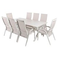 conjunto de mesas y sillas sillones reclinables hidraulicos extensible y versatil aluminio y textilene color blanco mesa 216-300x100x75 silla 110x57x70