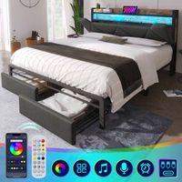 cama para adulto 140 x 200 cm con cajones y cabecero - usb  tipo c  led - lino - gris