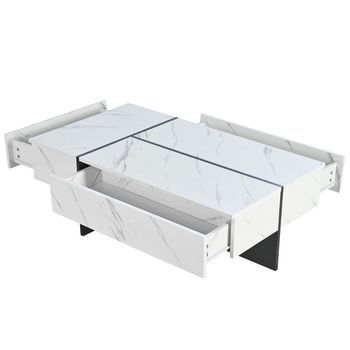 Mesa De Centro Blanca Con Led, Efecto Mármol Y 3 Cajones, 105 X 60 X 35 Cm