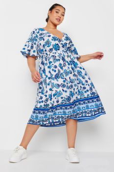 Limited Collection Vestido Blanco De Flores Azules Con Cenefa, Mujer Curvy Y Tallas Grandes, Yours