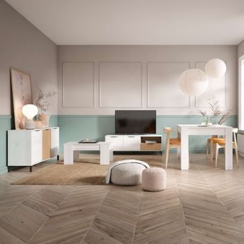 Pack De Muebles De Salón Comedor Tokio Estilo Nórdico En Color Blanco Albo Y Roble Rayado (aparador, Mesa De Comedor, Mesa De Centro Y Mueble De Tv)