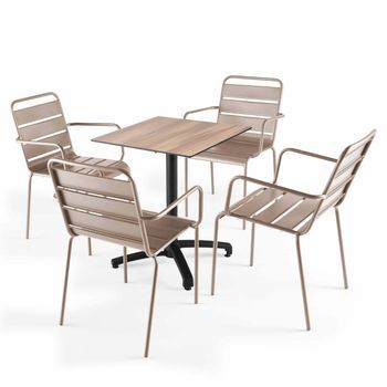Mesa De Jardín En Laminado De Roble Oscuro Y 4 Sillones Topo, Opéra - Oviala