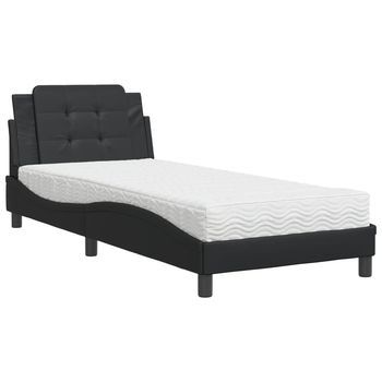 Cama Individual | Cama Para Adultos | Cama Con Colchón Cuero Sintético Negro 80x200 Cm