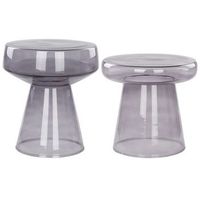 conjunto de 2 mesas auxiliares modernas de vidrio transparente con forma redondeada de diseno gris lagunacaldera