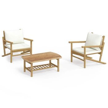 Conjunto De Muebles De Jardín 3 Uds | Mesa Y Sillas Bambú Y Cojines Blanco Crema