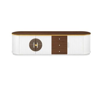 Mueble de tv bajo 180 cm - diseño elegante, vidrio marrón, mdf y tiradores de aluminio - blanco