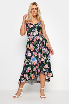 Yours Vestido Tirantes Negro De Flores Con Volante En El Bajo, Mujer Curvy Y Tallas Grandes, Yours