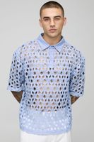 camisa oversize de punto croche azul