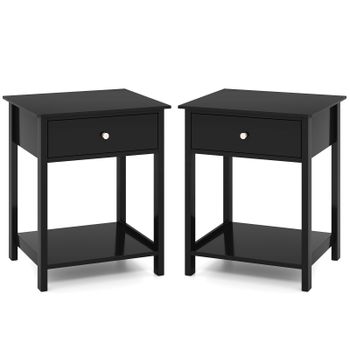 Costway Juego de 2 Mesitas de Noche de Madera con Cajón y Estante Abierto Estilo Medio Siglo Multifuncional para Salón Dormitorio Estudio Negro