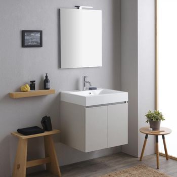 Mueble De Baño 60cm Gris Perla Con Lavabo De Resina De Mármol Y Espejo Led | Valentina
