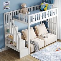 cama litera para ninos con escalera de madera maciza barrera de seguridad decoracion de estrellas y luna 90x200 blanca