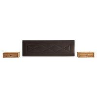 cabecero tapizado r55 color chocolate  2 mesitas flotantes con cajon madera maciza natural  acabado encerado
