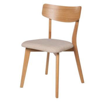 Silla de madera de roble con asiento tapizado beige.