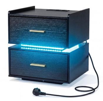 Costway Mesita de Noche con Estación de Carga LED 2 Cajones Almacenamiento Semi-flotante Base Metal para Salón Dormitorio Negro