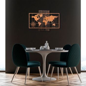 Decoración Pared De Madera Mapamundi Wıth Compass Nogal Cobre 85x58 Cm