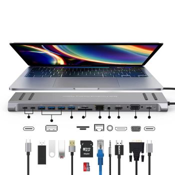 Estación de acoplamiento USB C de 13 en 1 con hub de red VGA PD 3.0 USB-C RJ45 10/100Mbps Soporte para portátil MacBook