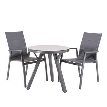 Conjunto De Mesas Y Sillas De Jardín, Redonda 70 Cm, Cristal Templado, Color Antracita + 2 Sillones Acolchados