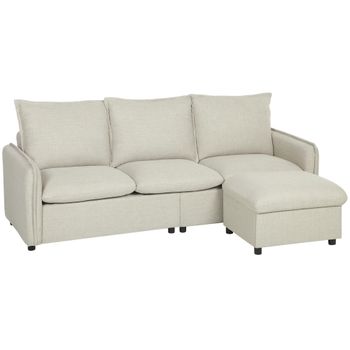 HOMCOM Sofá 3 plazas con puf con almacenamiento, sofá esquinero modular 212 cm, cojines con muelles, tejido de lino, crema