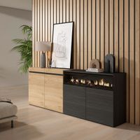aparador efecto madera roble y negro 200x35x75cm chimenea efecto fuego