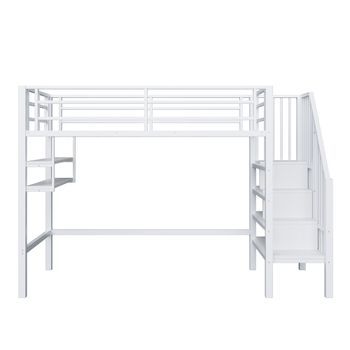Cama Alta 90x200 Cm - Estanterías, Escalera De Almacenamiento, Espacio Libre Para Vestirse, Barandilla - Blanco