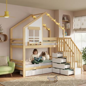 Cama Superpuesta Para Niños Con 2 Cajones, Ventana Decorativa, Escalera De Seguridad, De Pino Y Mdf, Blanca Y Natural, 90x200cm