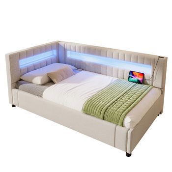 Sofá Cama De 90 X 200 Cm Con Iluminación Led, Suspensión Hidráulica, Usb + Tipo C, Color Beige