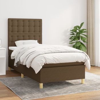 Cama Individual | Cama Para Adultos | Cama Box Spring Con Colchón Tela Marrón Oscuro 90x190 Cm Cfw491016